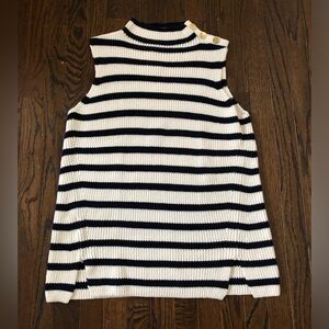 LOFT Women’s L Navy Blue/Cream Striped Knit Sleeveless Collared Wool Sweater